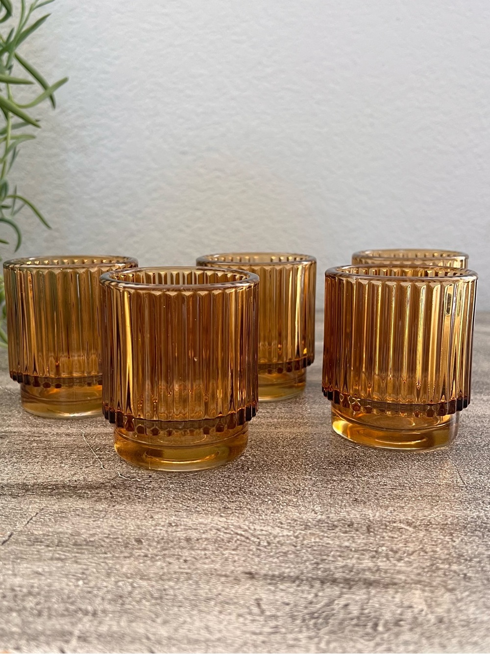 5 Kate Aspen Ribbed Amber Glass Tealight & Votive Candle Holders